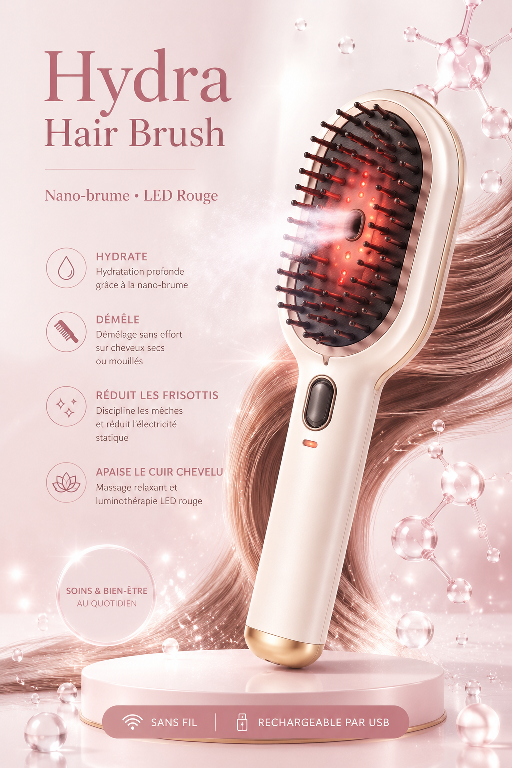 Brosse Électrique Massante & Brumisatrice LED Rouge